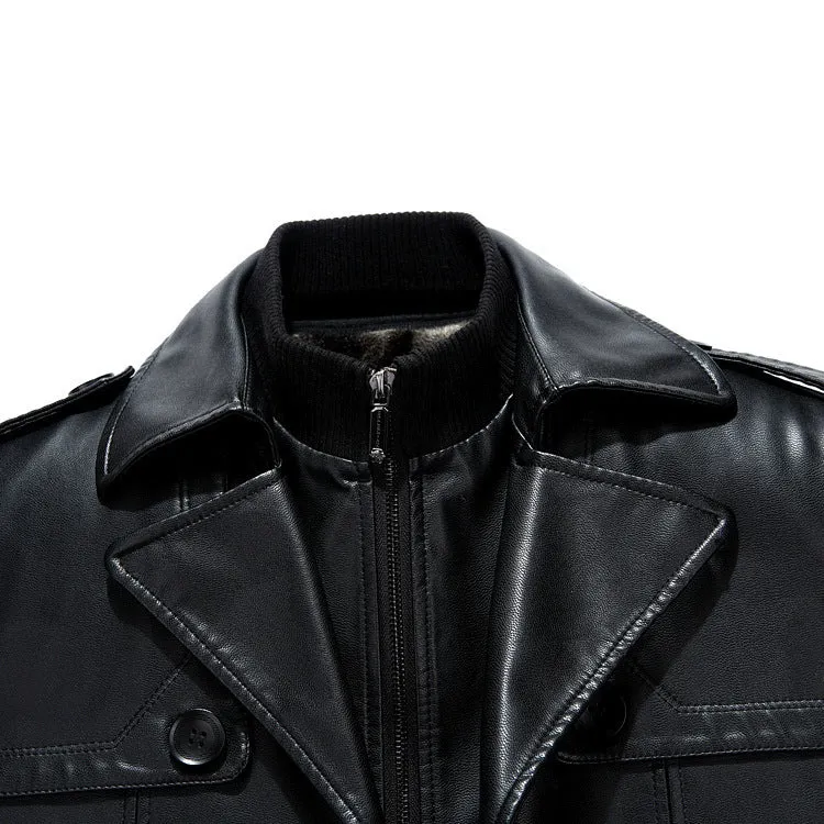 Black men's mid-length sheepskin suit with suit collar, zip closure, colour block pattern, and straight hem on a model