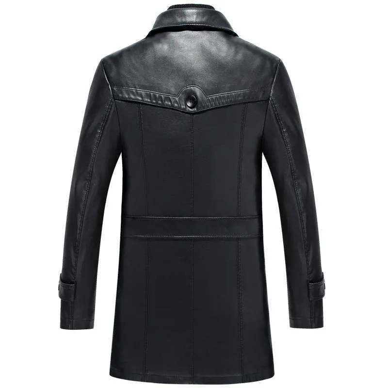 Black men's mid-length sheepskin suit with suit collar, zip closure, colour block pattern, and straight hem on a model