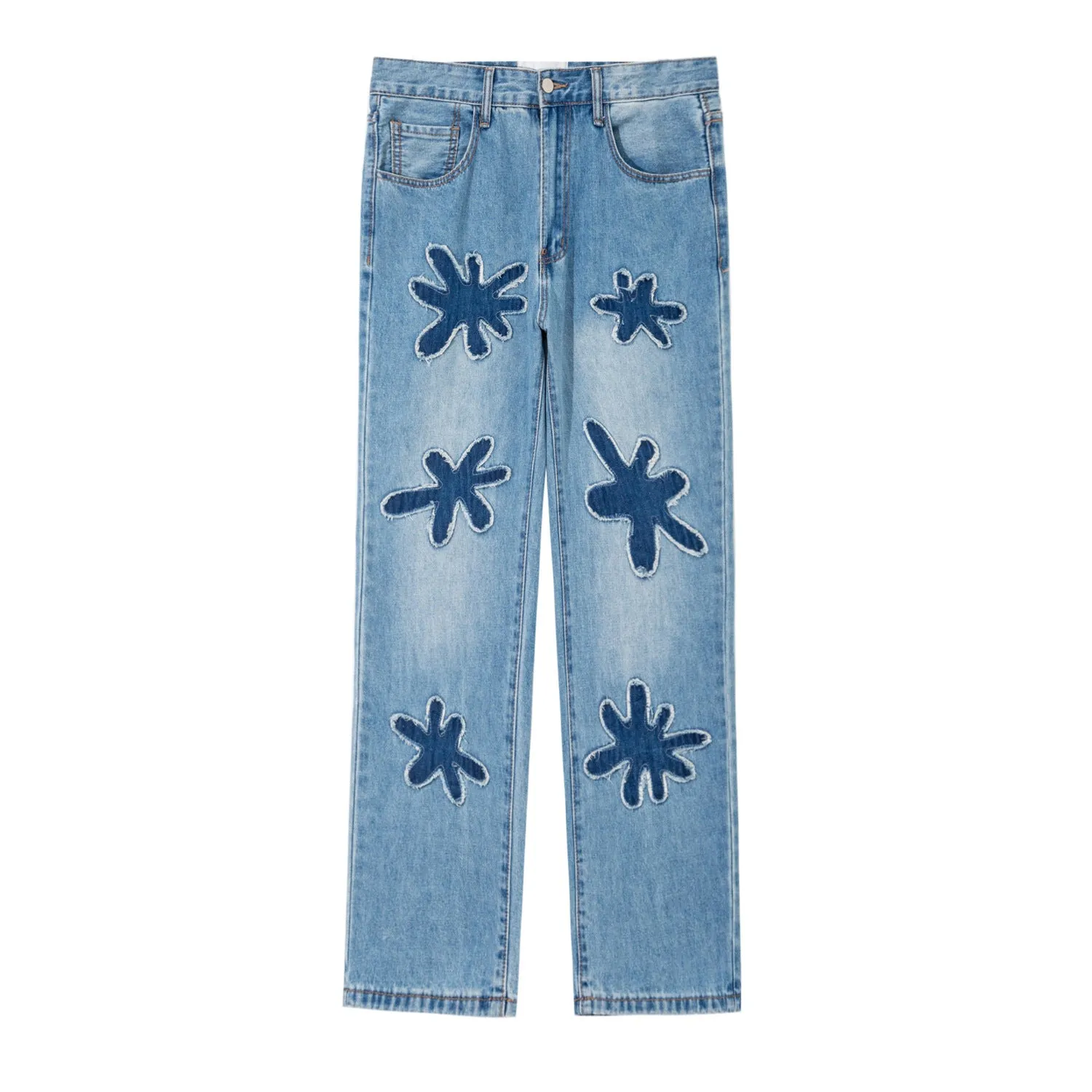 Straight leg denim jeans with washed finish in light blue colour