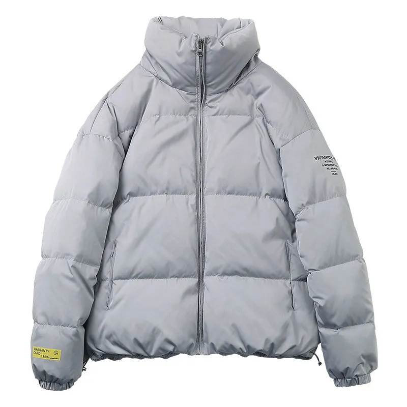 Men's stand collar padded jacket in black, polyester filling, zipper front, side slit pockets, straight hem, loose fit