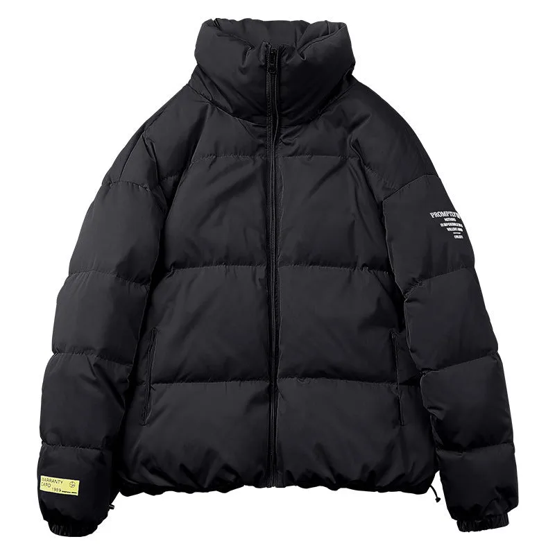 Men's stand collar padded jacket in black, polyester filling, zipper front, side slit pockets, straight hem, loose fit