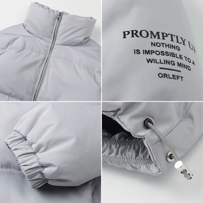 Men's stand collar padded jacket in black, polyester filling, zipper front, side slit pockets, straight hem, loose fit