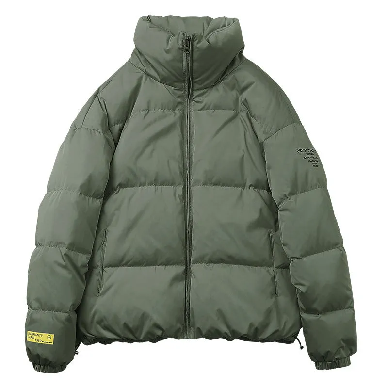 Men's stand collar padded jacket in black, polyester filling, zipper front, side slit pockets, straight hem, loose fit