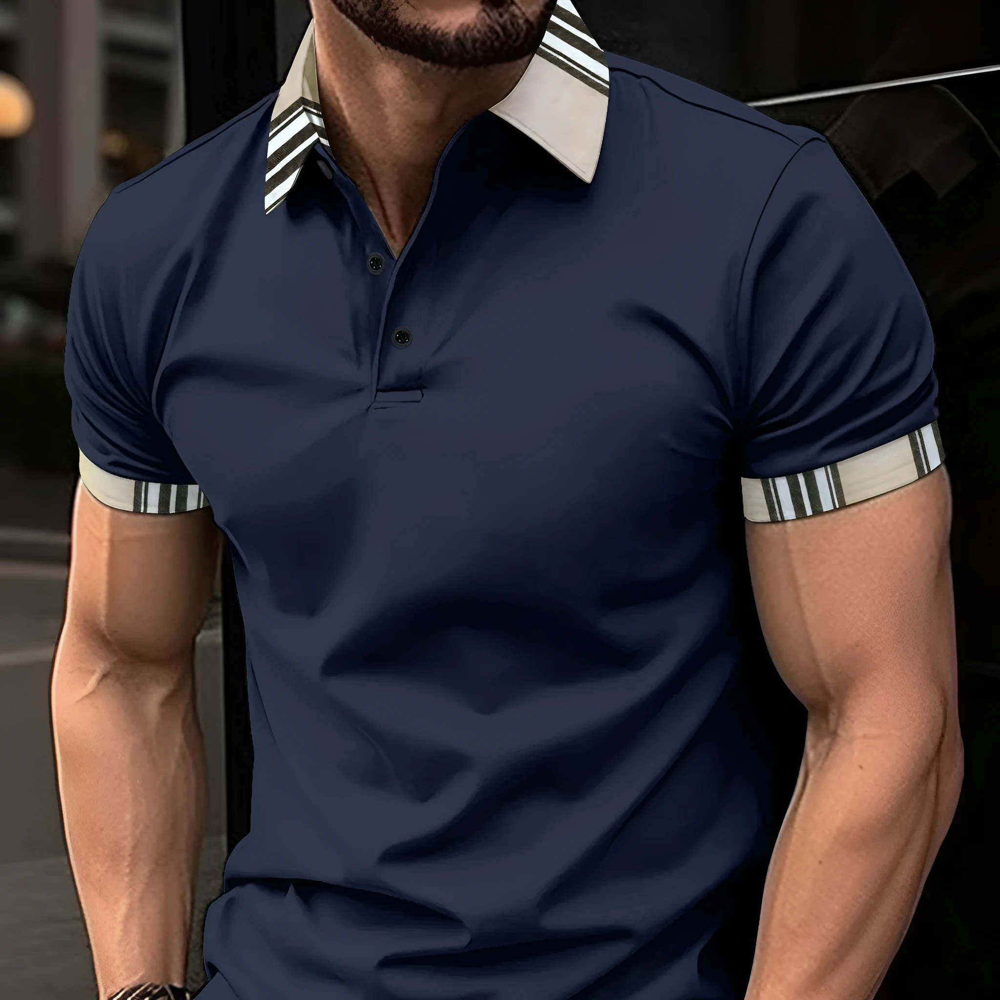 Men's sports polo shirt with button pocket in polyester, short sleeve, available in black, navy blue, sky blue, white, sizes S to XXXL