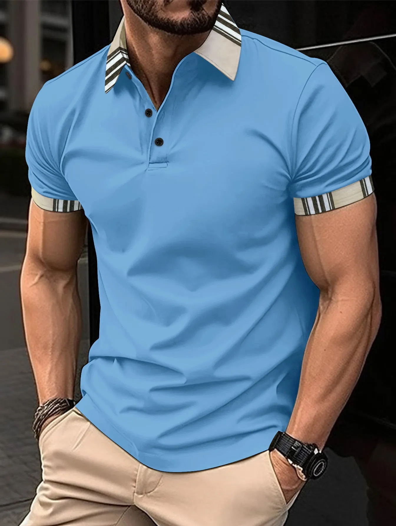 Men's sports polo shirt with button pocket in polyester, short sleeve, available in black, navy blue, sky blue, white, sizes S to XXXL