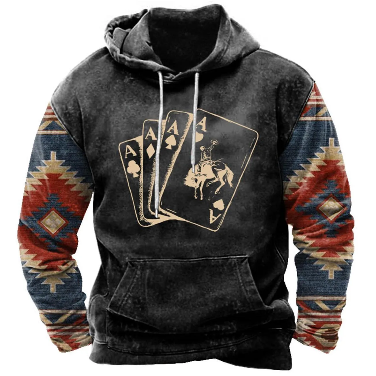 Men's street printing hoodie in loose fit polyester, front view, available in multiple colours and sizes