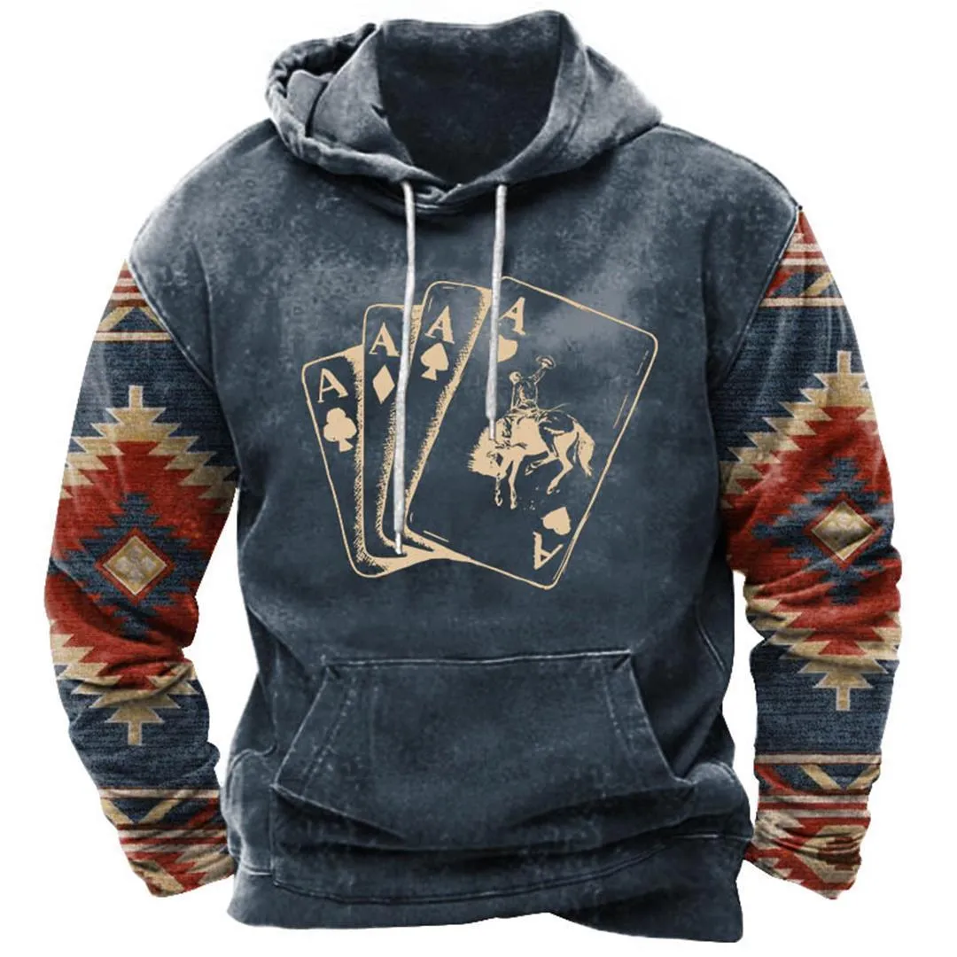 Men's street printing hoodie in loose fit polyester, front view, available in multiple colours and sizes