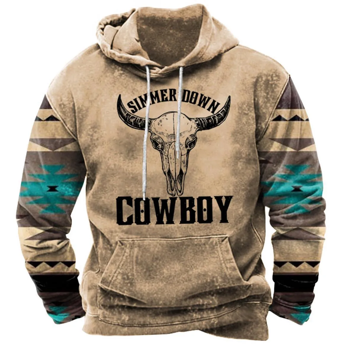 Men's street printing hoodie in loose fit polyester, front view, available in multiple colours and sizes