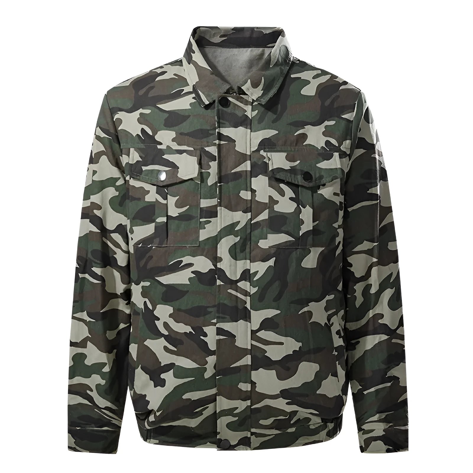 Fan cooling overalls in camouflage green with integrated air-conditioning system for outdoor work – 100% polyester, sizes S to 4XL