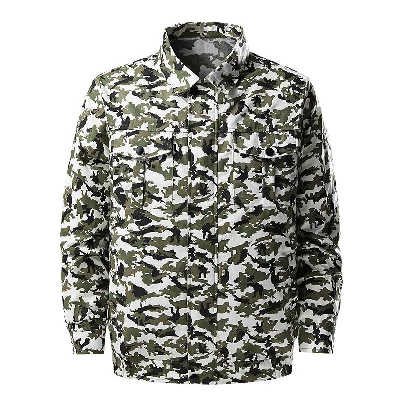 Fan cooling overalls in camouflage green with integrated air-conditioning system for outdoor work – 100% polyester, sizes S to 4XL