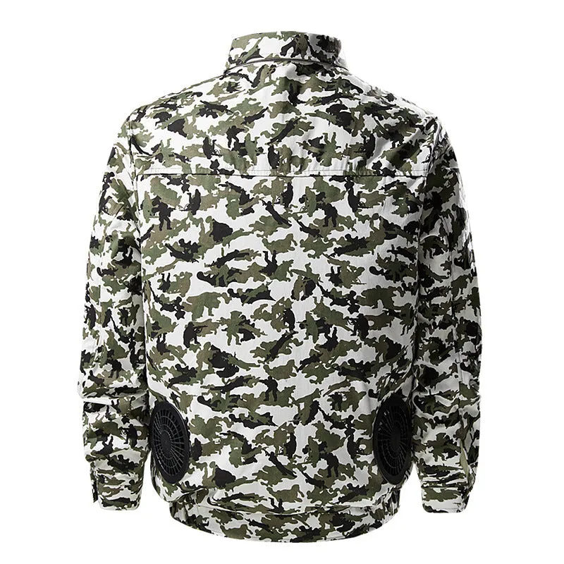 Fan cooling overalls in camouflage green with integrated air-conditioning system for outdoor work – 100% polyester, sizes S to 4XL