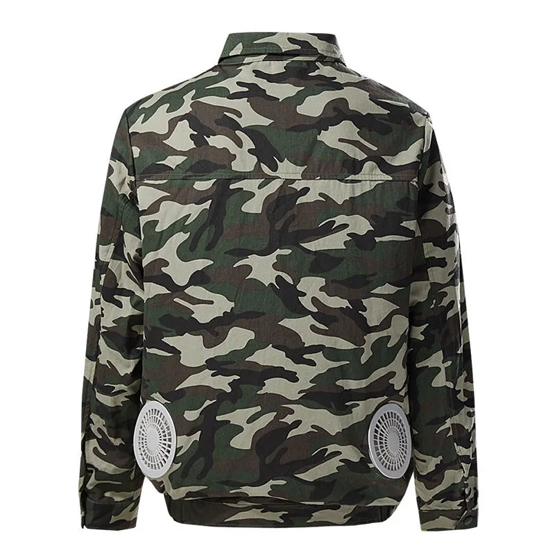 Fan cooling overalls in camouflage green with integrated air-conditioning system for outdoor work – 100% polyester, sizes S to 4XL