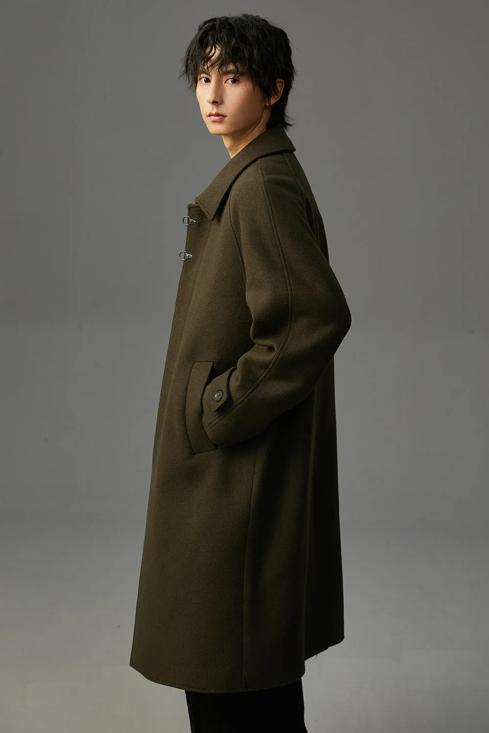 Men's double-sided polyester woolen coat in mid-length lapel style, available in black, olive green, and dark coffee, sizes M to 3XL