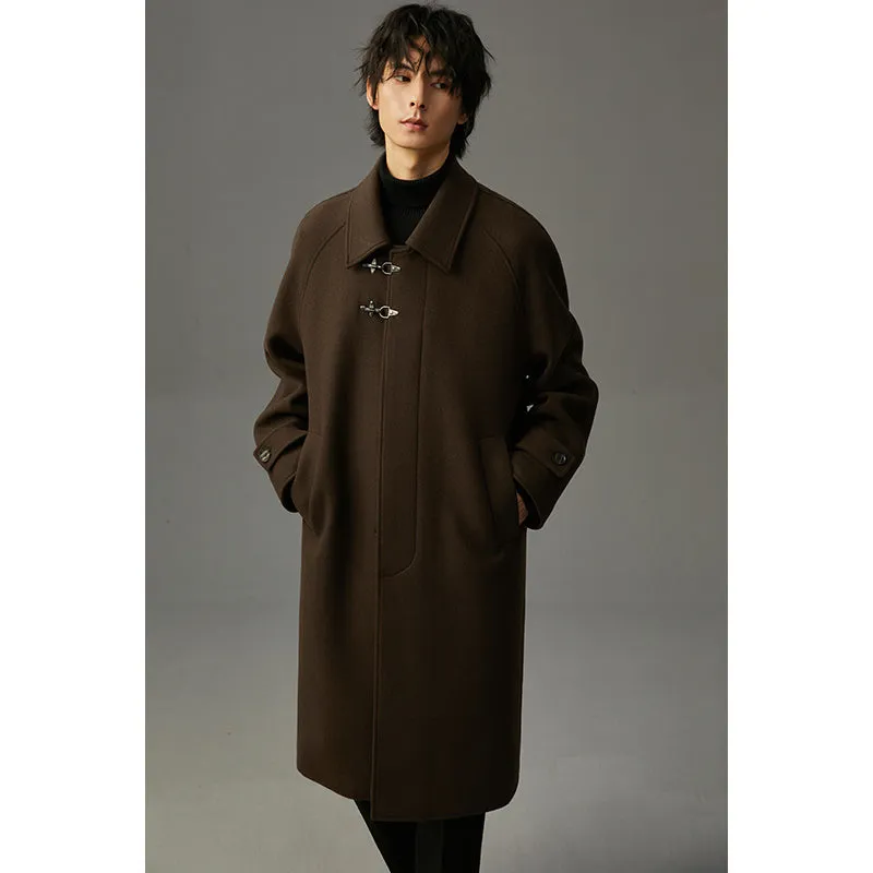 Men's double-sided polyester woolen coat in mid-length lapel style, available in black, olive green, and dark coffee, sizes M to 3XL
