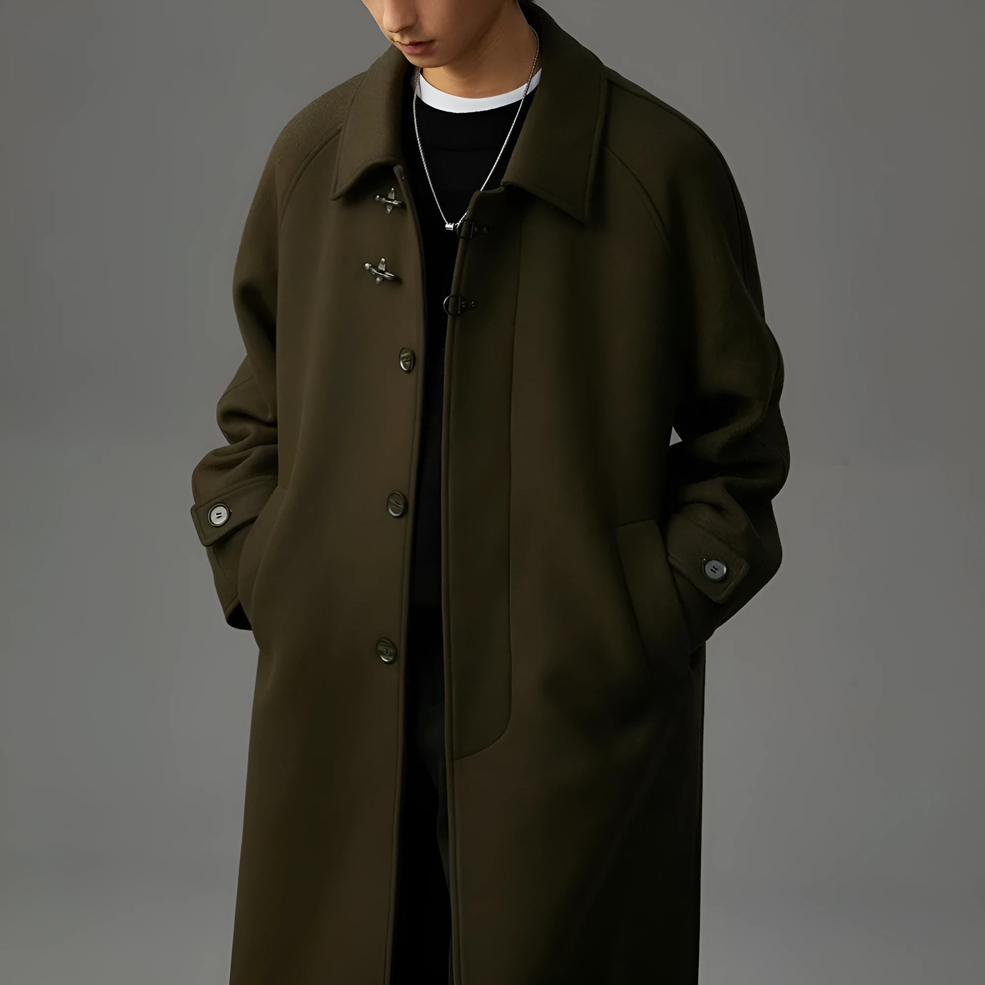 Men's double-sided polyester woolen coat in mid-length lapel style, available in black, olive green, and dark coffee, sizes M to 3XL
