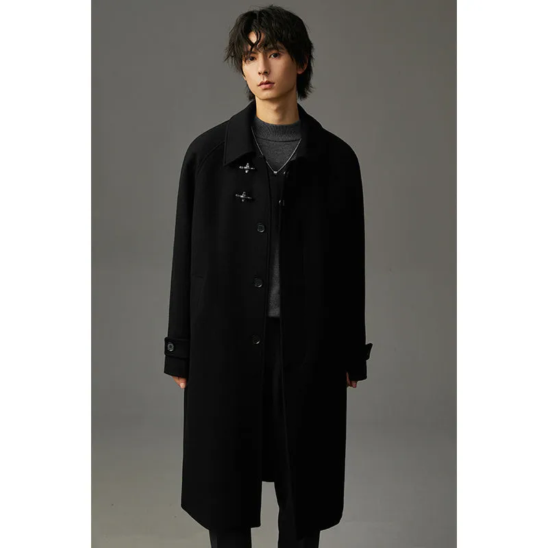 Men's double-sided polyester woolen coat in mid-length lapel style, available in black, olive green, and dark coffee, sizes M to 3XL