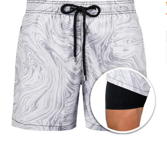 Men's sports print double layer polyester shorts in colour A22, front view