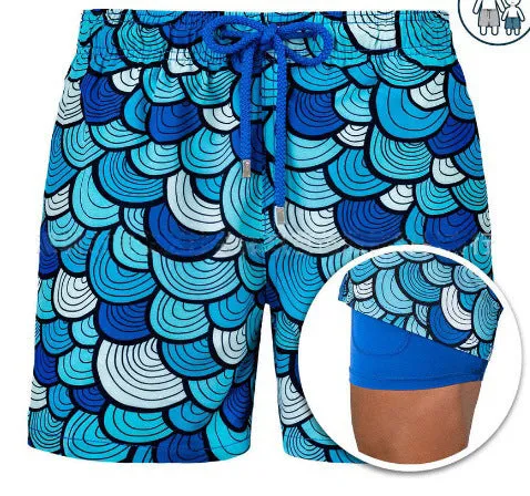 Men's sports print double layer polyester shorts in colour A22, front view