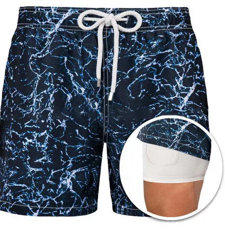 Men's sports print double layer polyester shorts in colour A22, front view