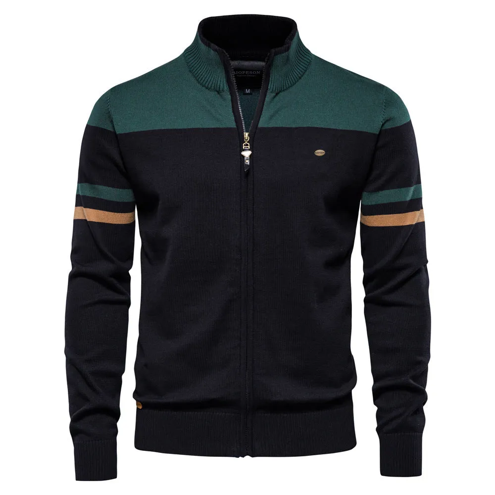 Men's casual cotton zipper sweater in black, front zipper visible, full body view