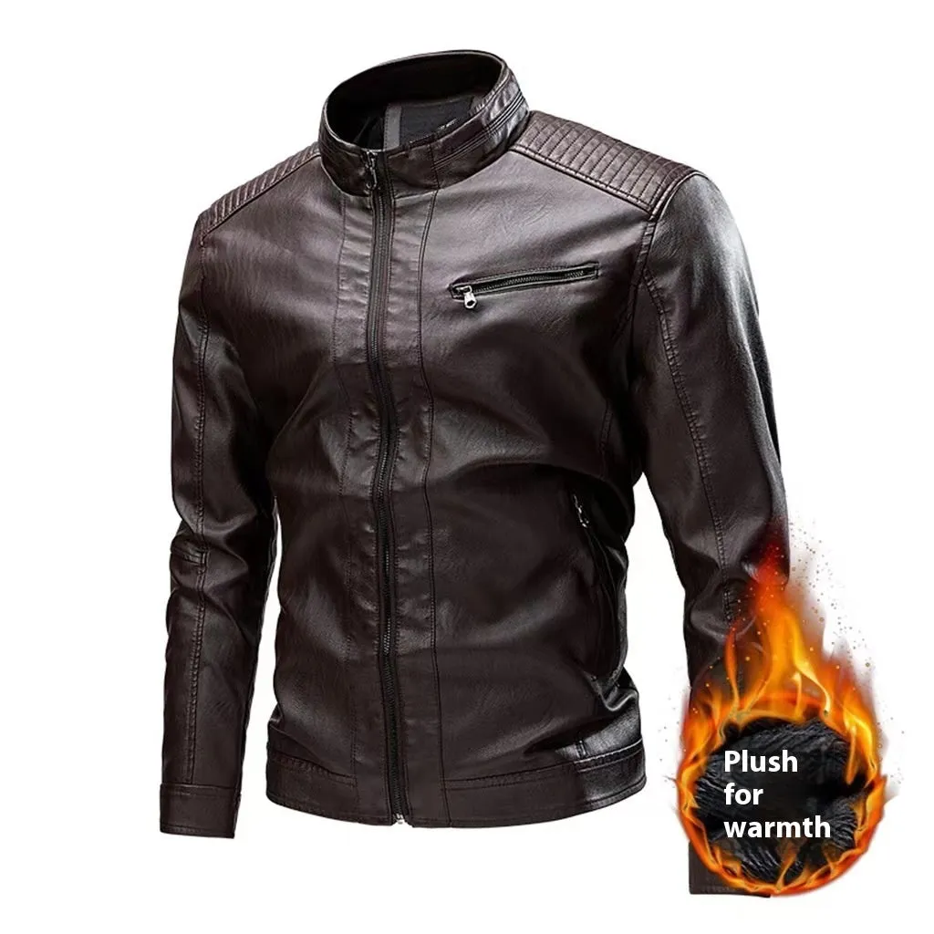 Men's PU leather motorcycle jacket with retro stitching, side pockets, straight hem, in black, brown, khaki, bright yellow