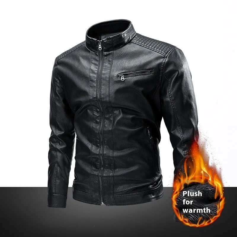 Men's PU leather motorcycle jacket with retro stitching, side pockets, straight hem, in black, brown, khaki, bright yellow