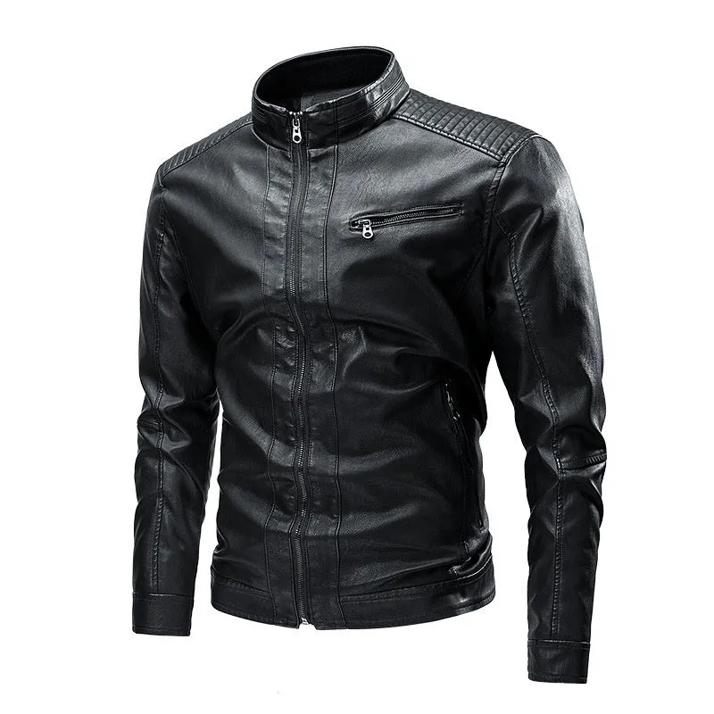 Men's PU leather motorcycle jacket with retro stitching, side pockets, straight hem, in black, brown, khaki, bright yellow