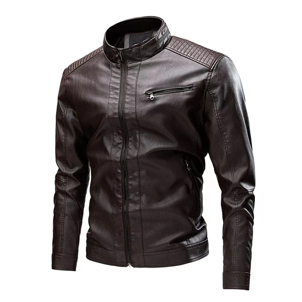 Men's PU leather motorcycle jacket with retro stitching, side pockets, straight hem, in black, brown, khaki, bright yellow