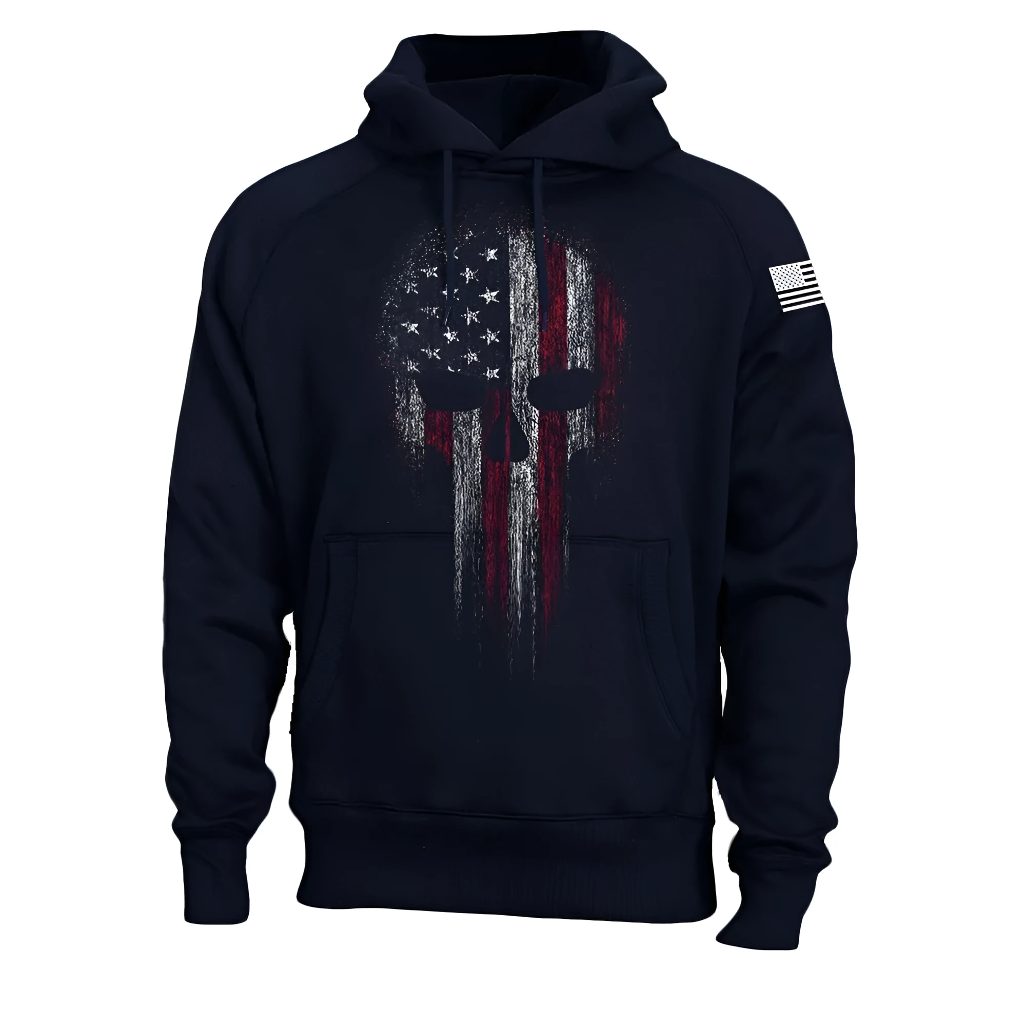 Men's black hooded sweatshirt with 3D print design, long sleeves, loose fit, and patch pocket