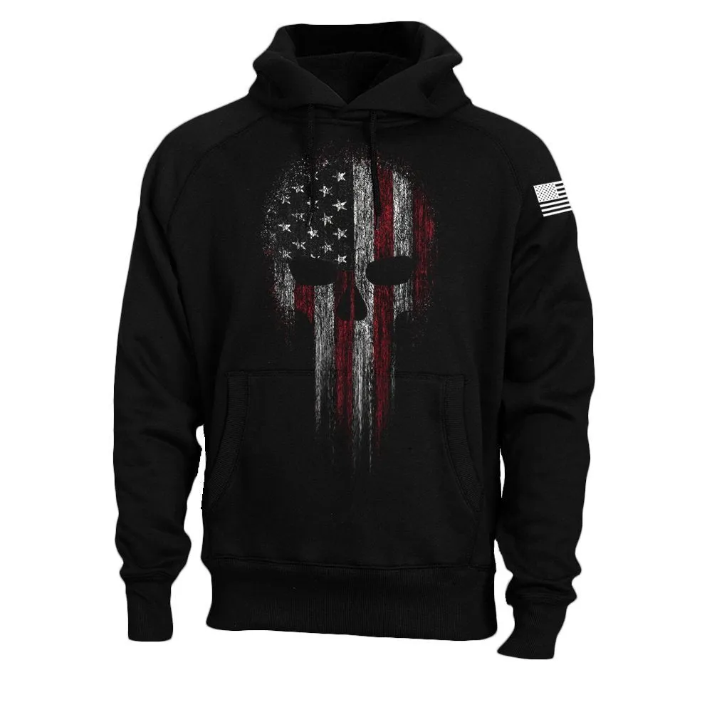 Men's black hooded sweatshirt with 3D print design, long sleeves, loose fit, and patch pocket