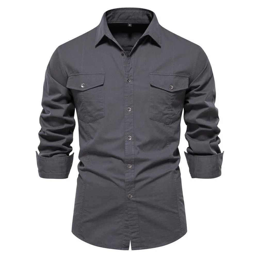 Men's cotton solid colour long sleeve casual shirt in khaki, front view