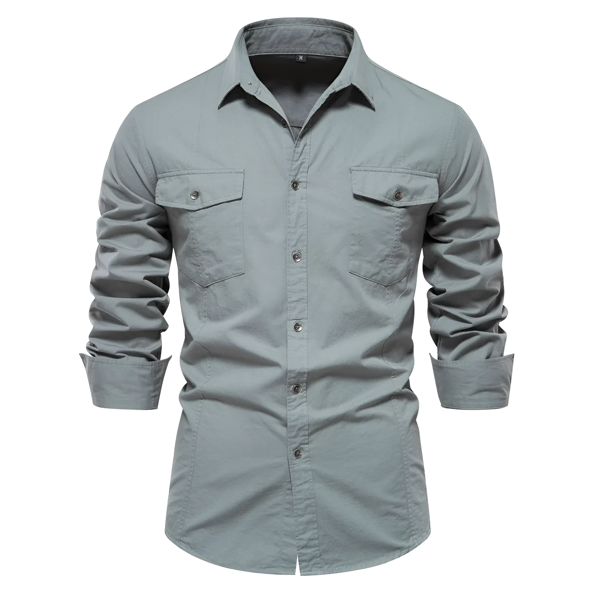 Men's cotton solid colour long sleeve casual shirt in khaki, front view