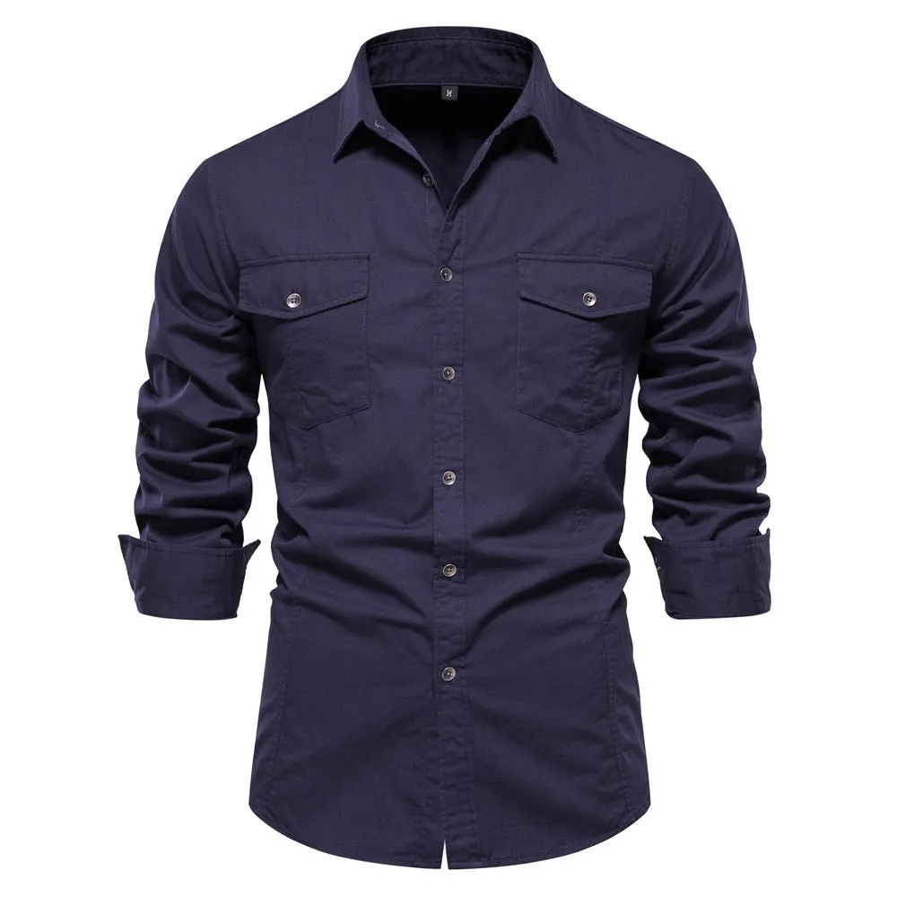 Men's cotton solid colour long sleeve casual shirt in khaki, front view