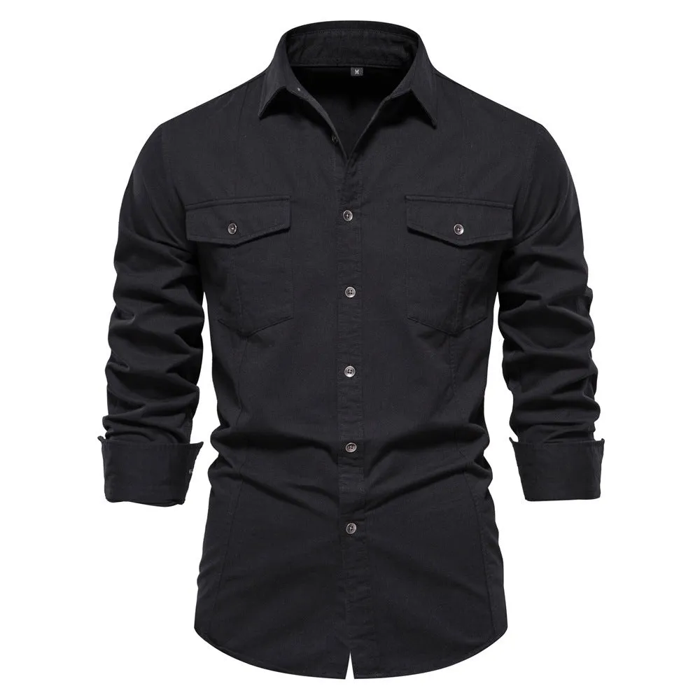 Men's cotton solid colour long sleeve casual shirt in khaki, front view