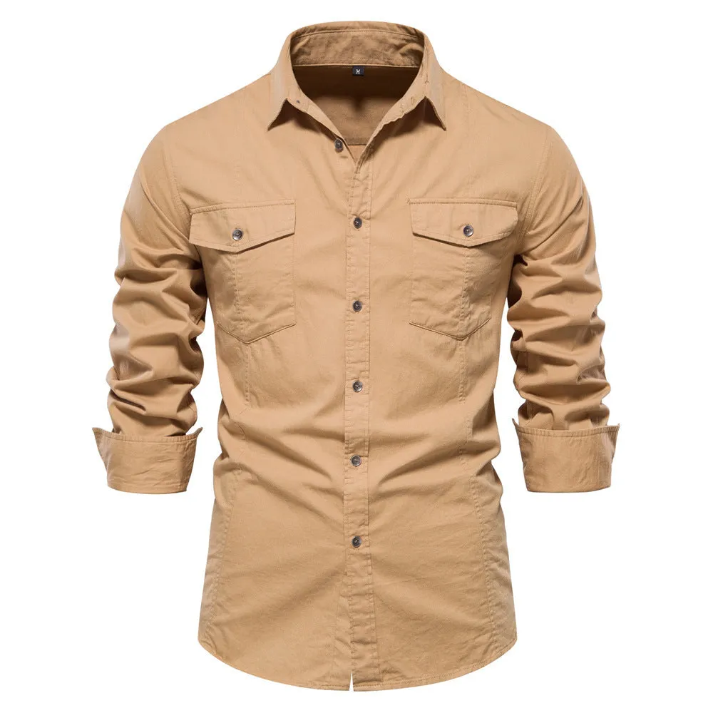 Men's cotton solid colour long sleeve casual shirt in khaki, front view