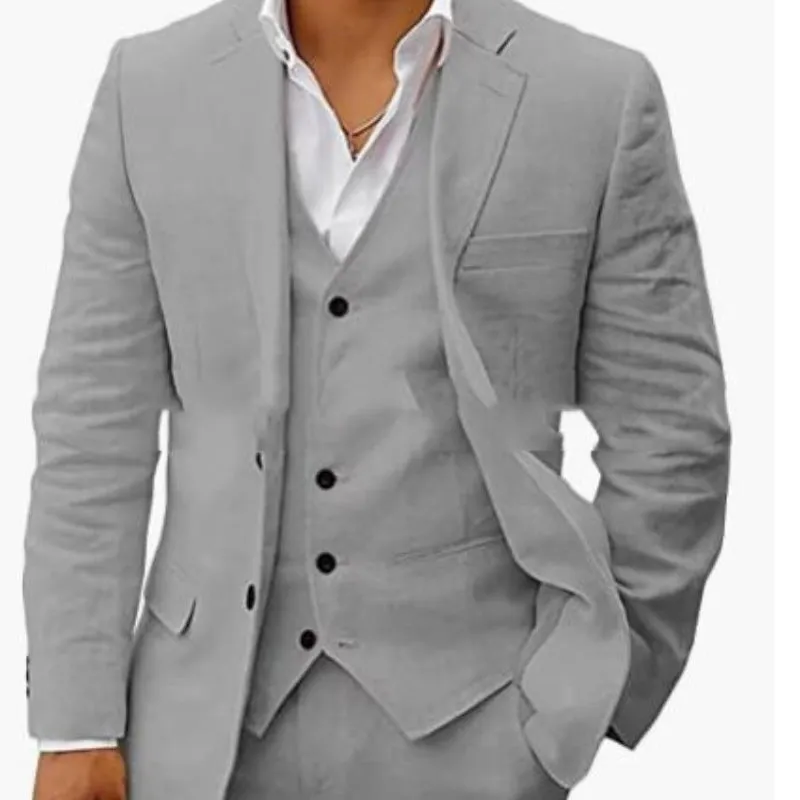 Men's linen six-piece suit set in slim fit, available in multiple colours including light green and beige