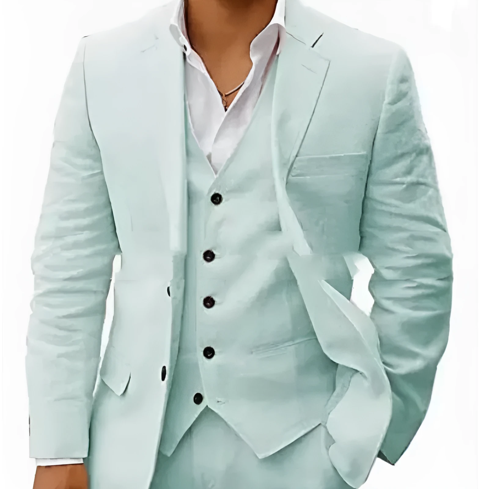 Men's linen six-piece suit set in slim fit, available in multiple colours including light green and beige