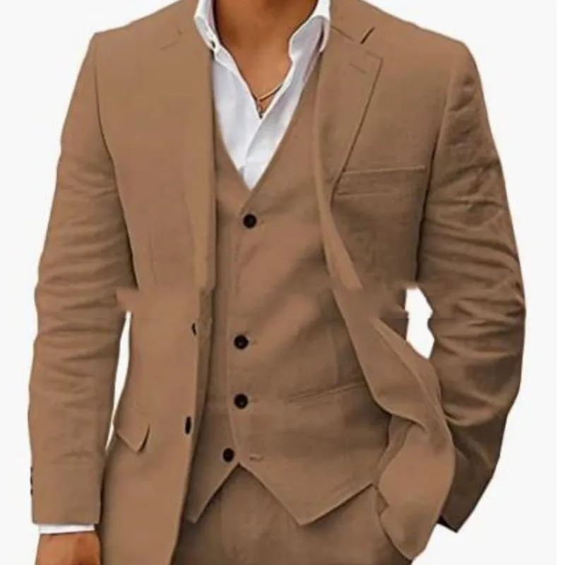Men's linen six-piece suit set in slim fit, available in multiple colours including light green and beige