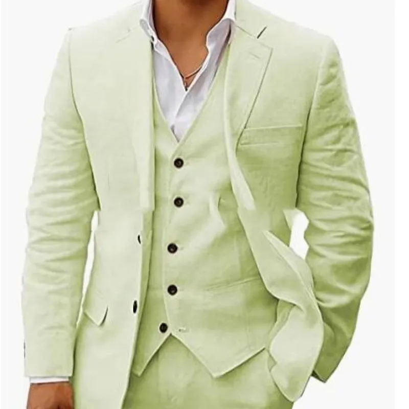 Men's linen six-piece suit set in slim fit, available in multiple colours including light green and beige