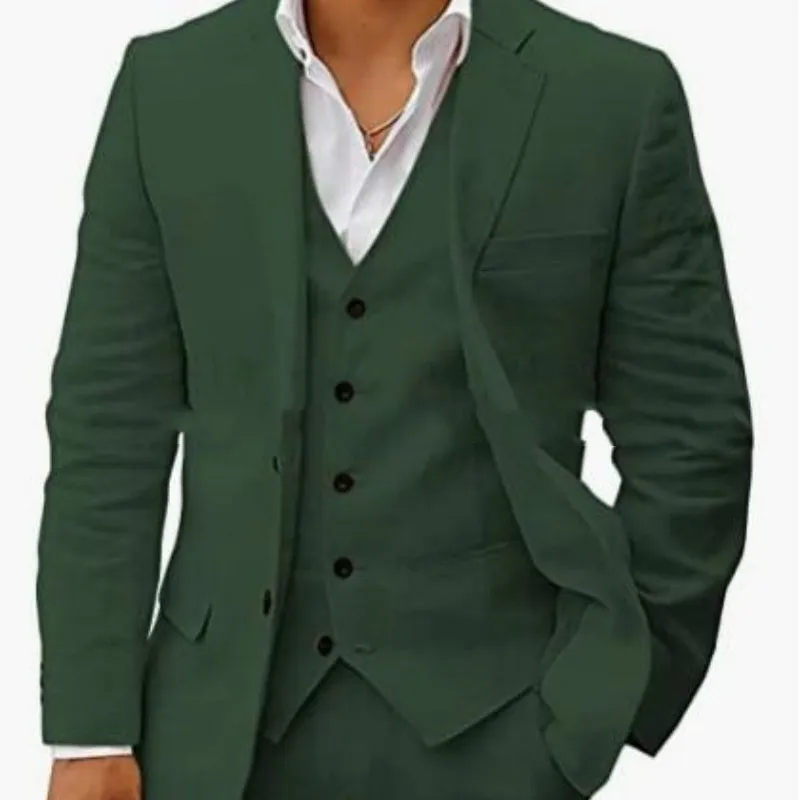 Men's linen six-piece suit set in slim fit, available in multiple colours including light green and beige