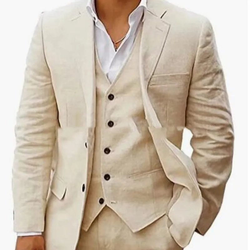 Men's linen six-piece suit set in slim fit, available in multiple colours including light green and beige