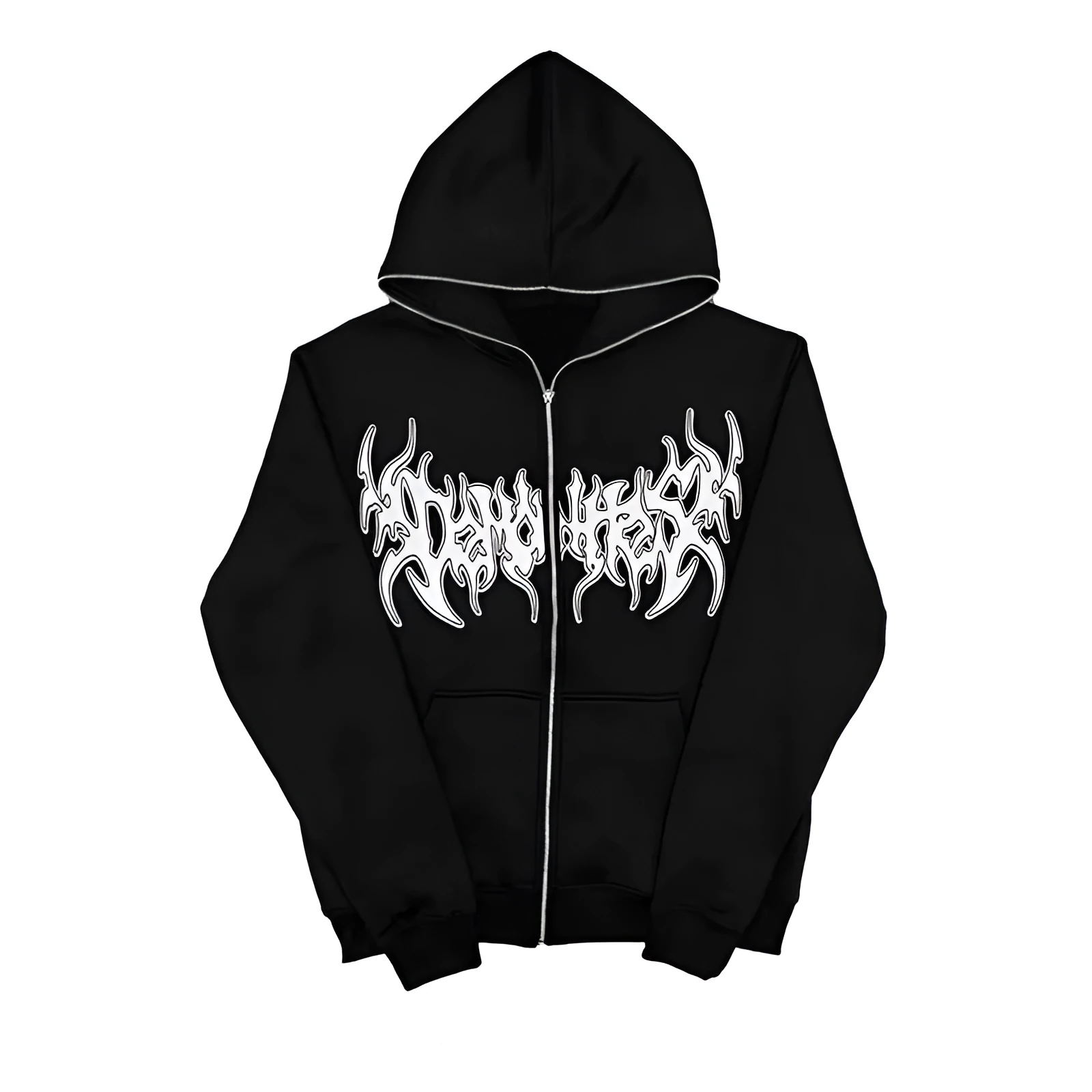 Women's personality printed full-zip hooded cardigan in black chenille-spandex fabric, loose fit