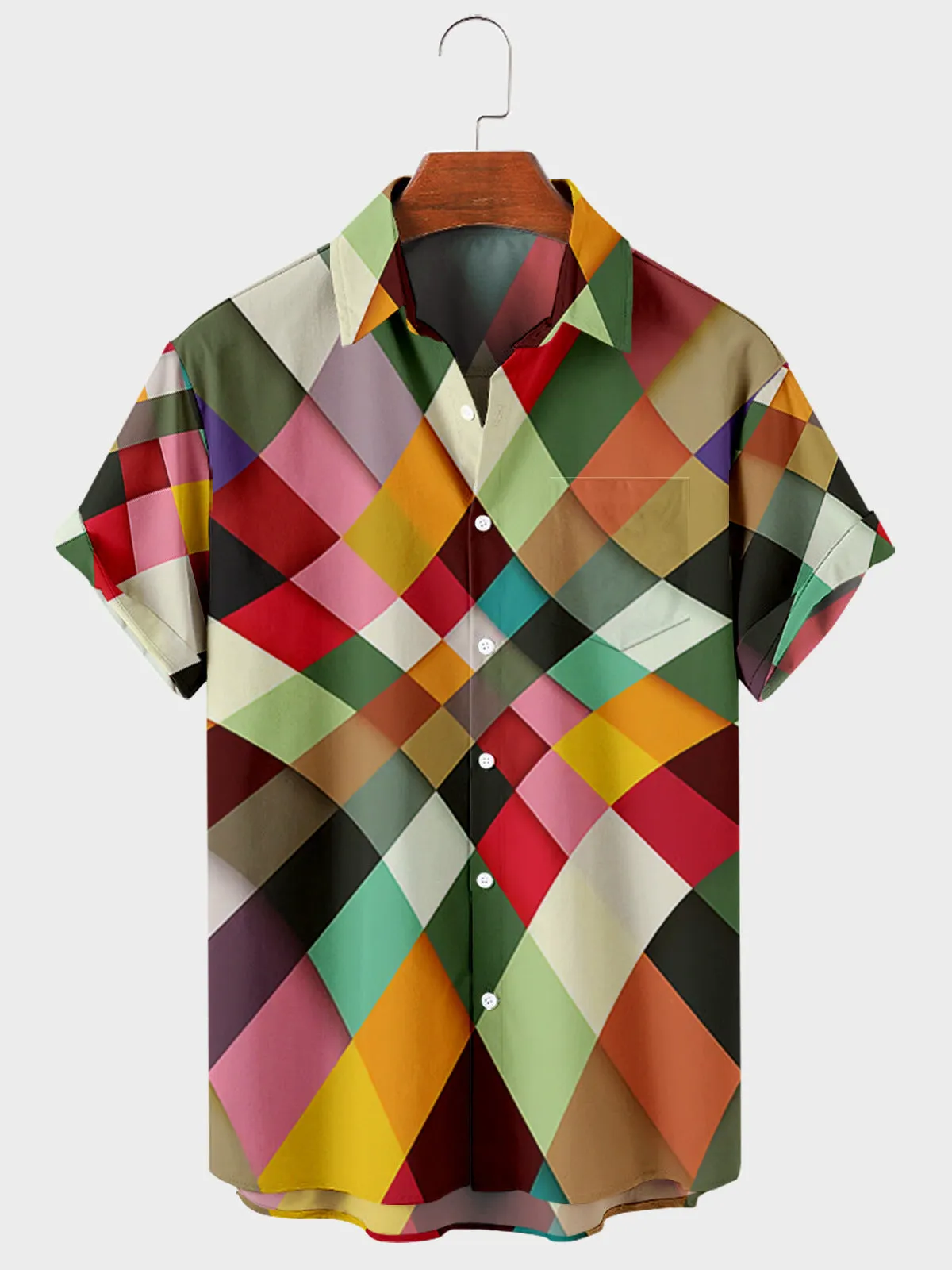 Men's striped digital print short sleeve shirt in Photo Color with four-way stretch polyester fabric