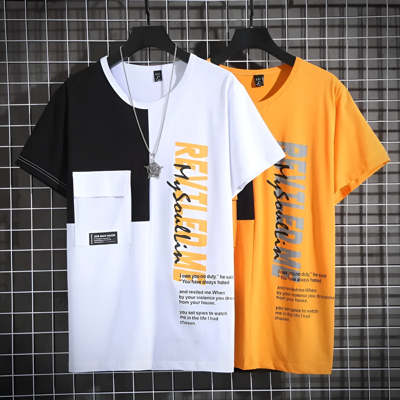 Plus size yellow Lycra cotton short sleeve t-shirt with pocket and printed design, size 4XL to 10XL