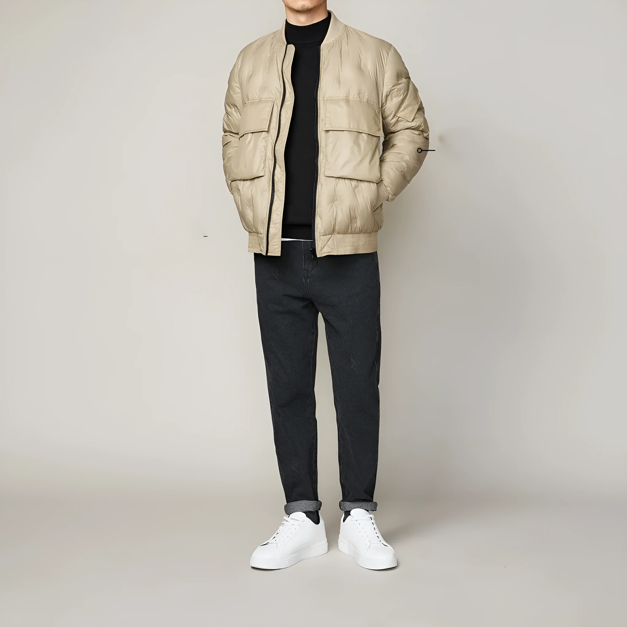 Men's winter baseball collar light down jacket in black, gray duck down, stand-up collar, zip placket