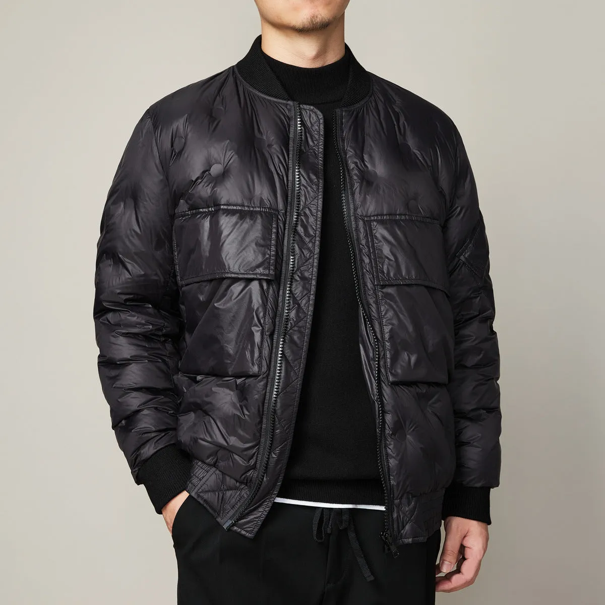 Men's winter baseball collar light down jacket in black, gray duck down, stand-up collar, zip placket