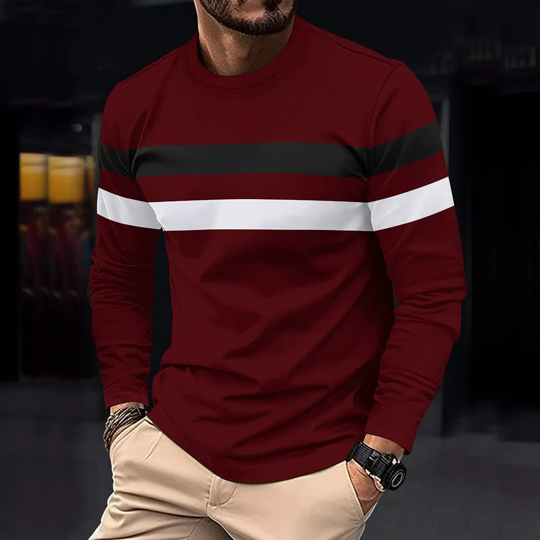 Men's casual round neck long sleeve T-shirt top in cotton blend, loose fit, available in multiple colours