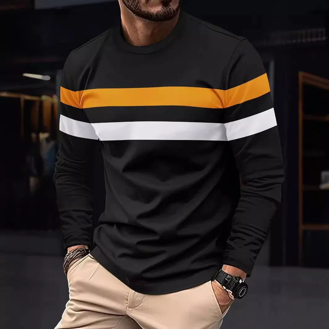 Men's casual round neck long sleeve T-shirt top in cotton blend, loose fit, available in multiple colours