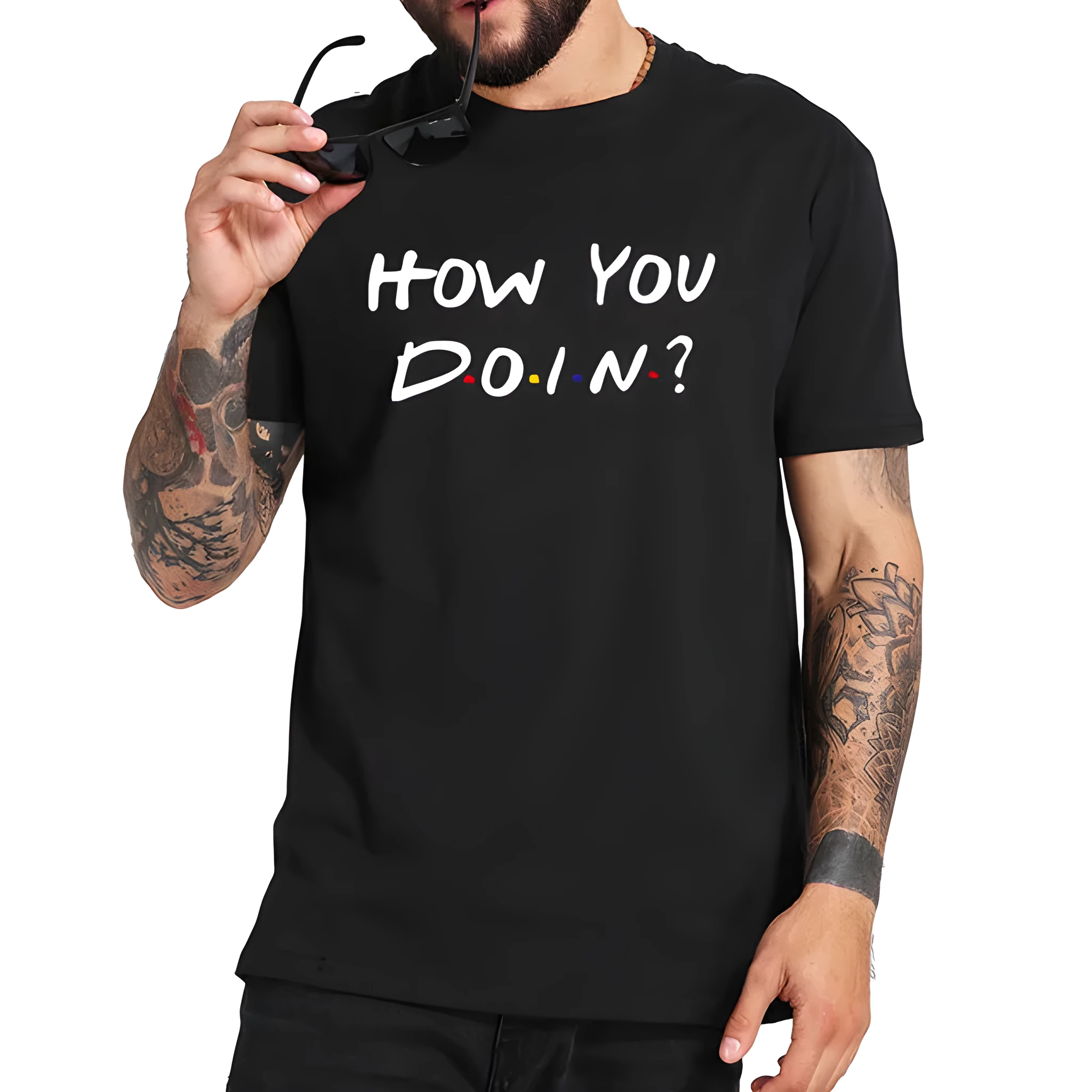How You Doin t-shirt in black, short sleeve slim fit with bold letter print front view