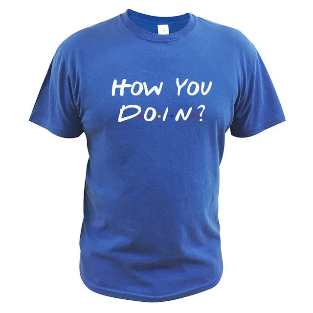 How You Doin t-shirt in black, short sleeve slim fit with bold letter print front view